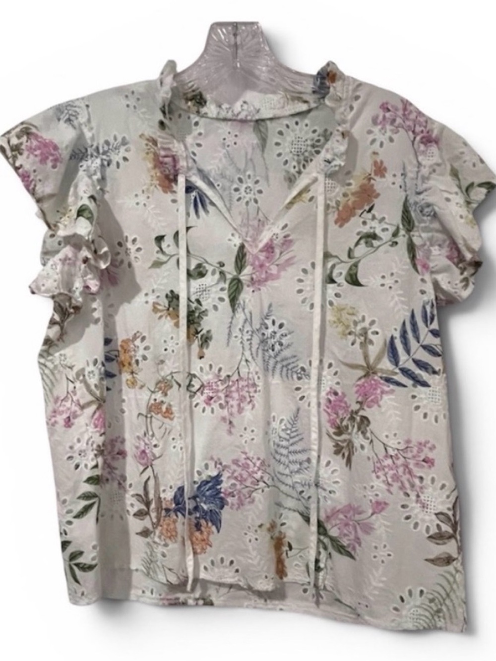 Floral Eyelet Ruffle Sleeve Blouse Pastel Multi - Cottage Core
